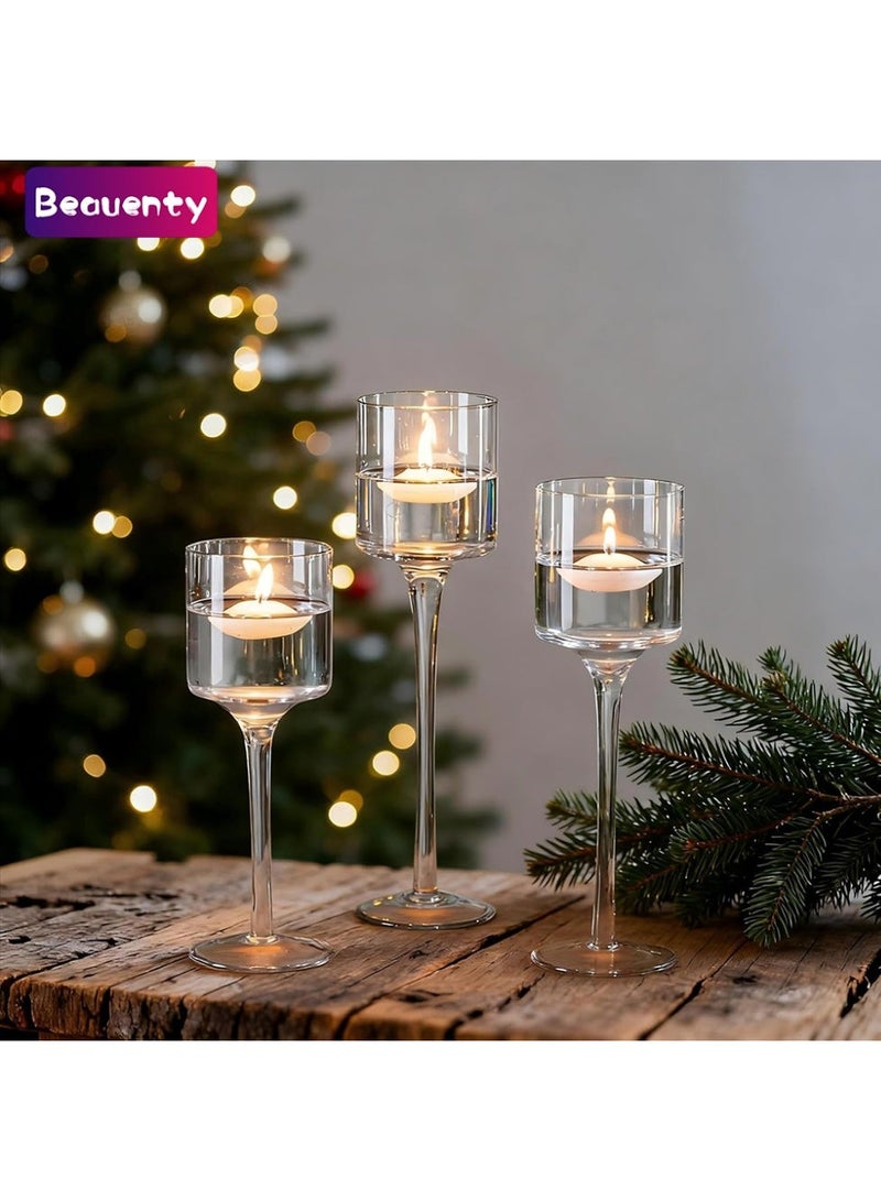 Beauenty Tealight Candle Holders Glass: Set of 3 Long Stemmed Candle Stands for Dinner Table Centerpiece - Monet Candleholders Pillar Floating Candles - Image 1